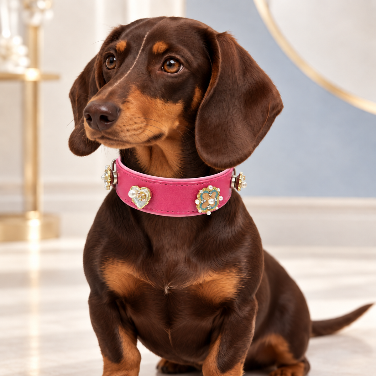 Dachshund wearing floral dog collar jewelry with pearl and blue flower charms