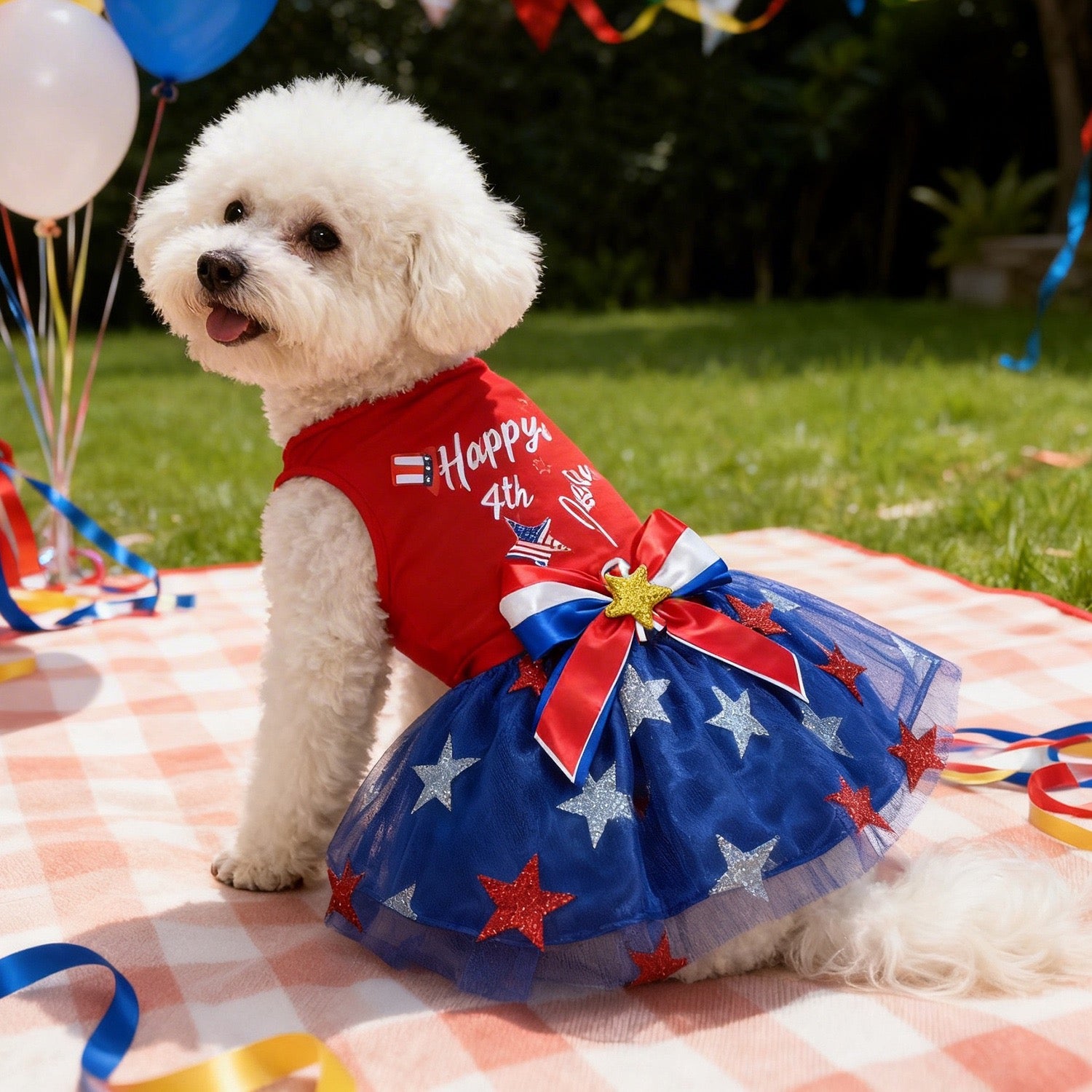 Small dog wearing a patriotic Fourth of July tutu dress with blue star skirt at an outdoor summer picnic