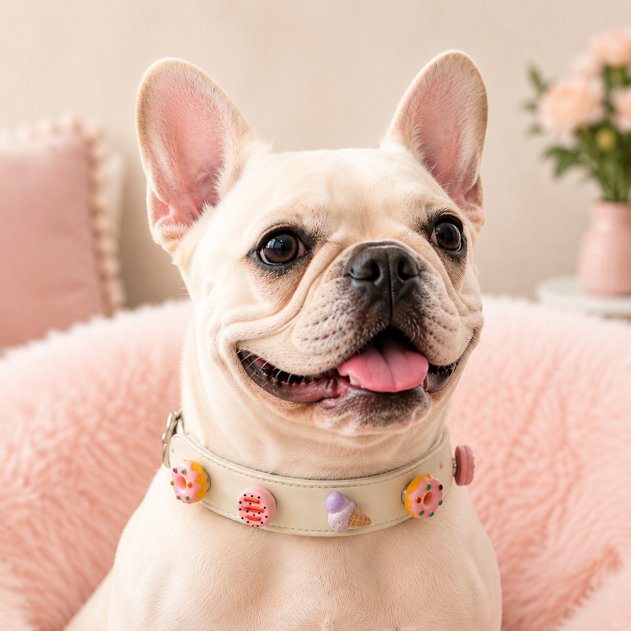 Cute French Bulldog wearing a white leather DIY pet charm collar with colorful food-themed charms including donuts, macarons, ice cream, and cookie, sitting on a soft pink blanket, perfect for small dogs, custom dog accessories, and personalized pet fashion.