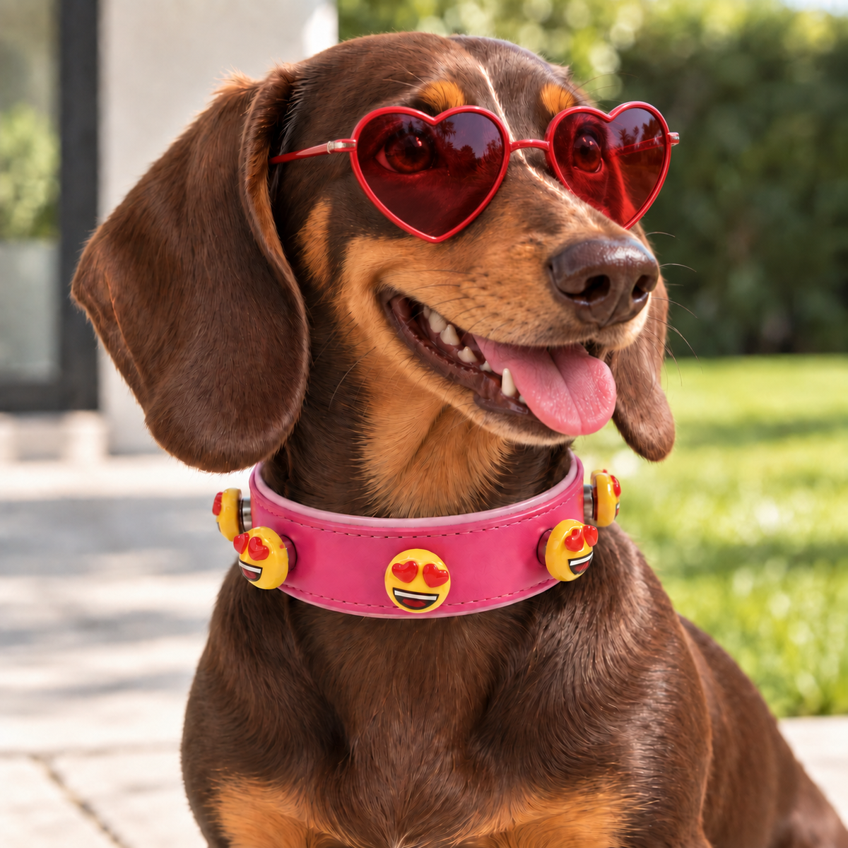 Dachshund wearing a pink Petiria collar with colorful funny emoji dog collar charms