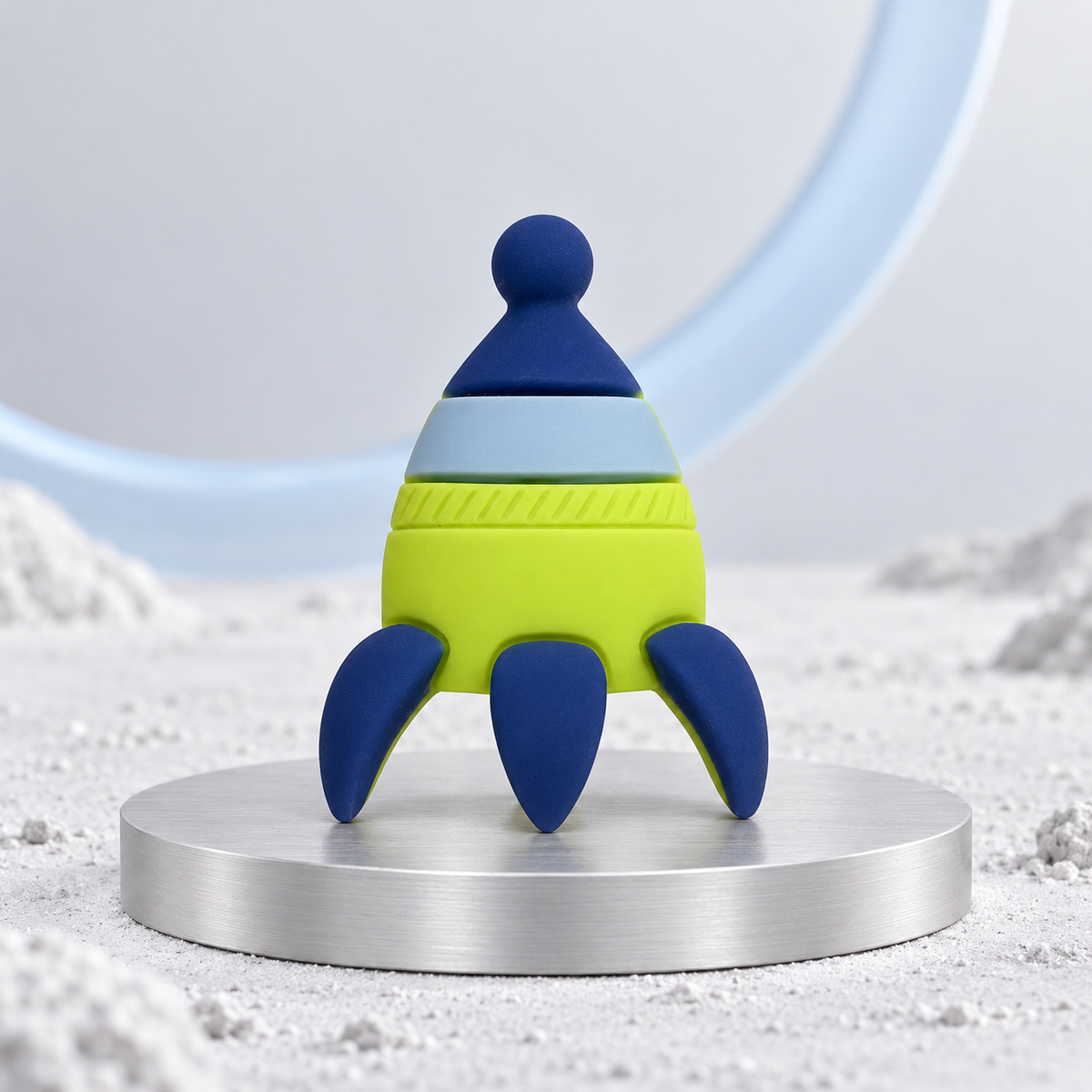 Galaxy Rocket dog collar charm with a lime green body, navy blue fins and pastel blue details