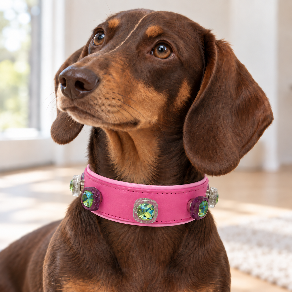 Dachshund wearing a pink collar styled with colorful green gem dog collar jewelry