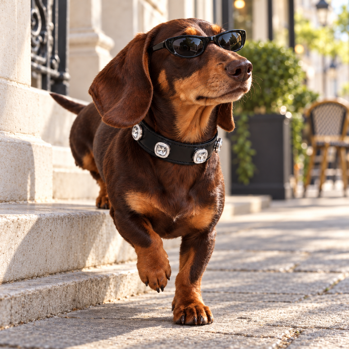 Dachshund wearing a black Petiria collar styled with sparkling gemstone dog collar charms