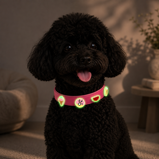 black toy poodle wearing glow in the dark interchangeable dog collar charms