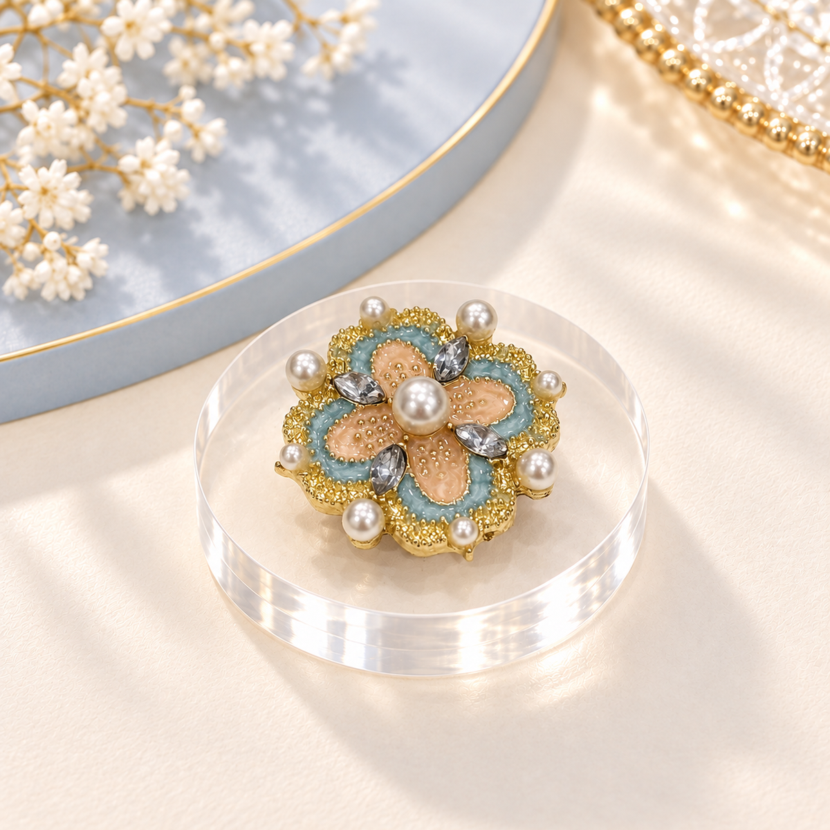 Golden Pearl Bloom dog collar charm with pearl, crystal and blue floral details