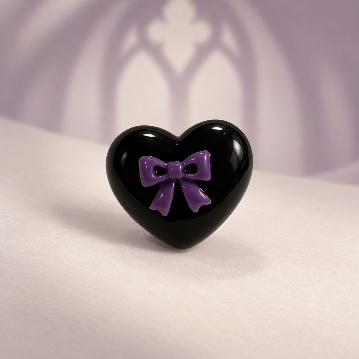 Black heart dog collar charm with a purple bow for a gothic Halloween Petiria collar look
