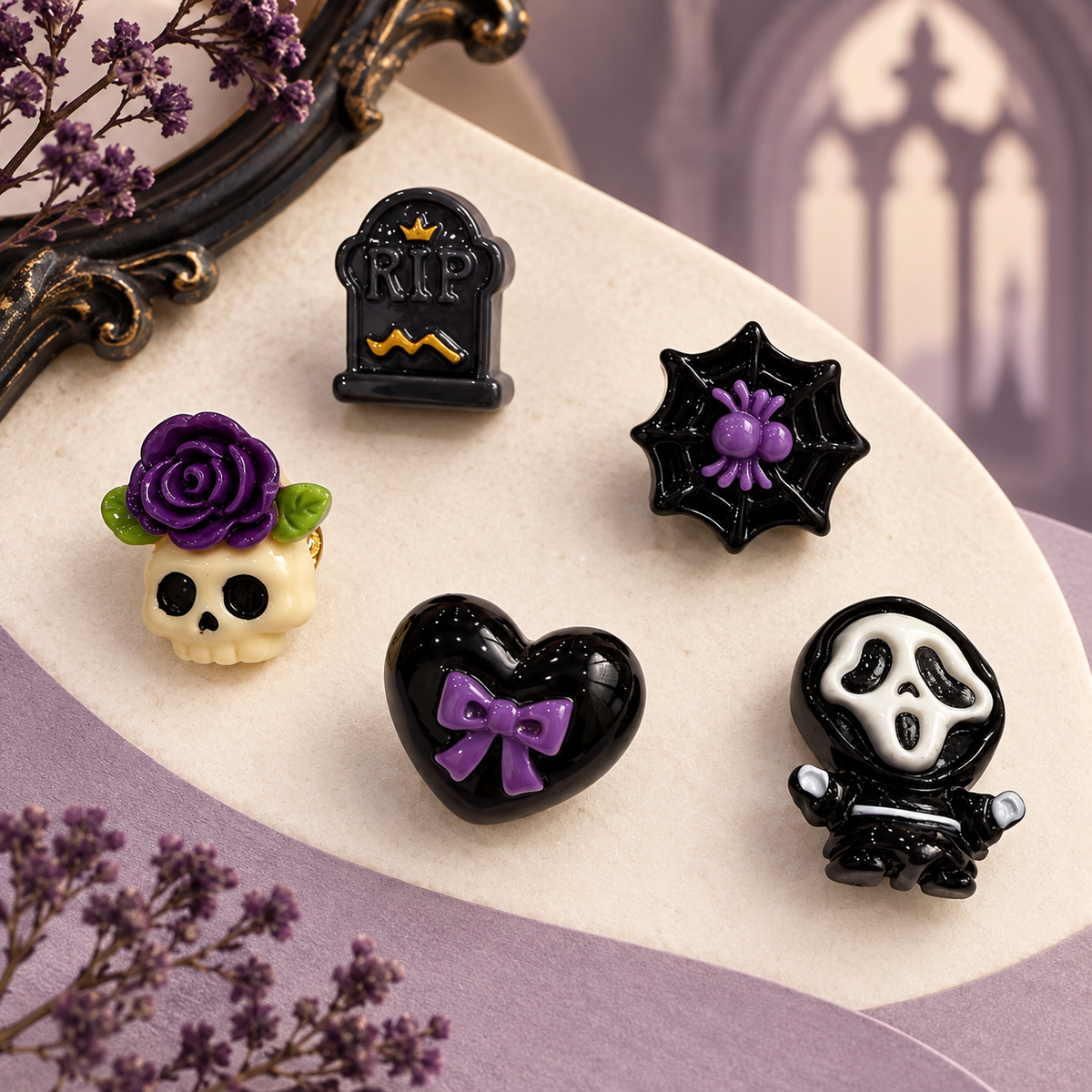 Gothic Halloween dog collar charms featuring a tombstone, skull, spider web, black heart and purple rose designs