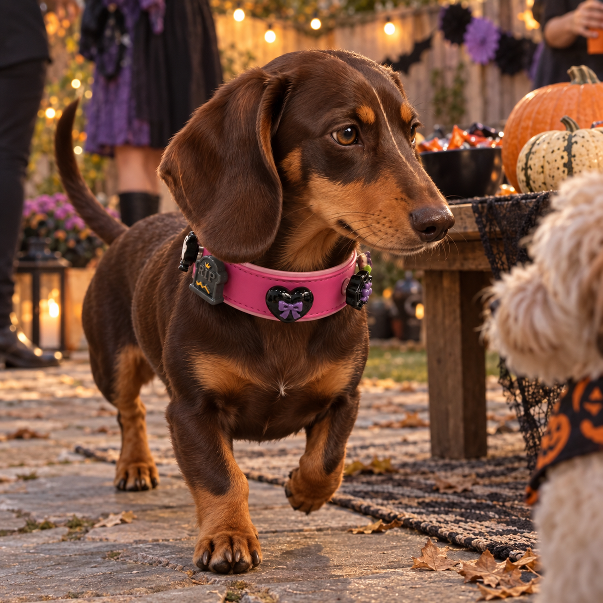 Dachshund wearing a Petiria collar styled with black and purple gothic Halloween dog collar charms