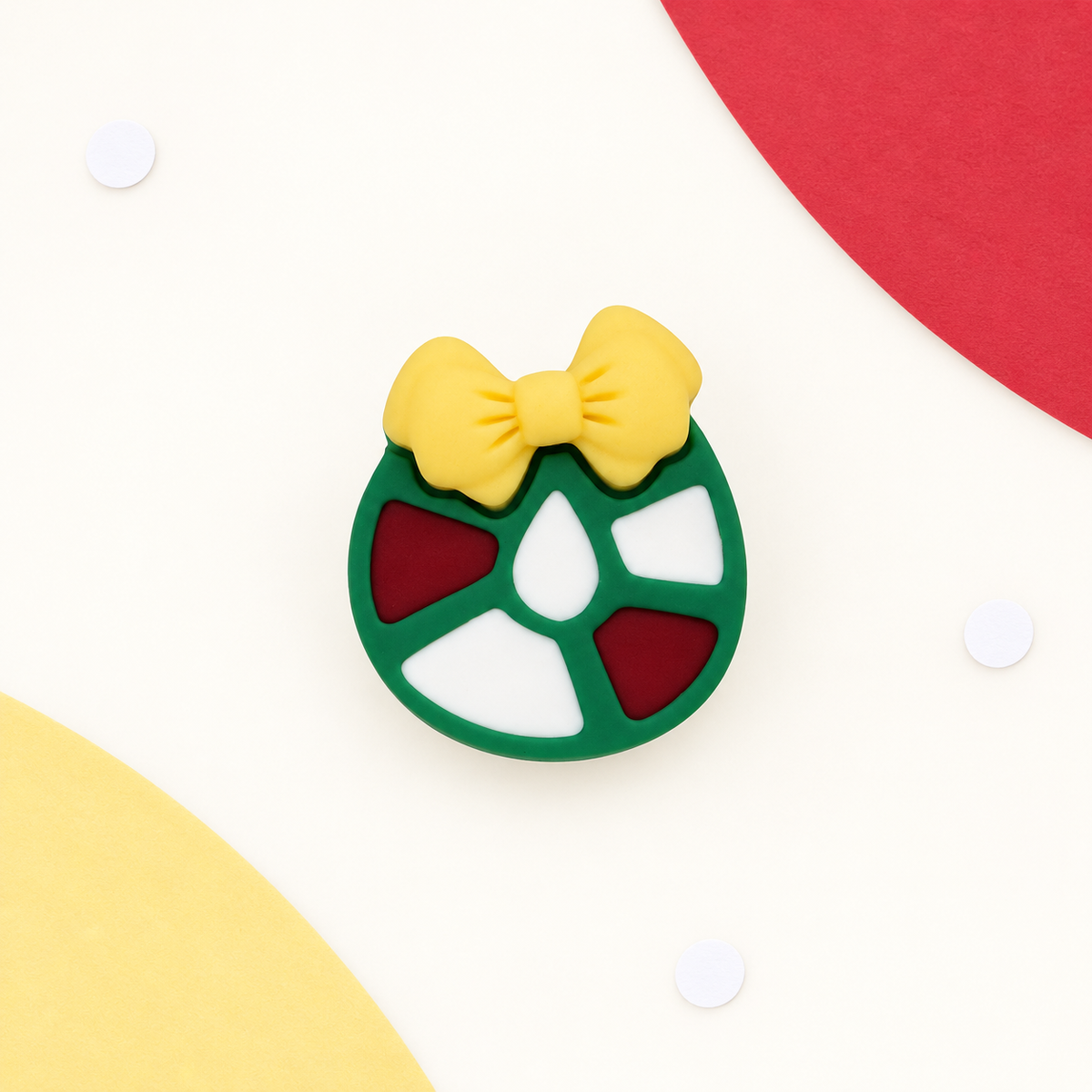 Green Christmas wreath dog collar charm with red and white details and a yellow bow for holiday styling