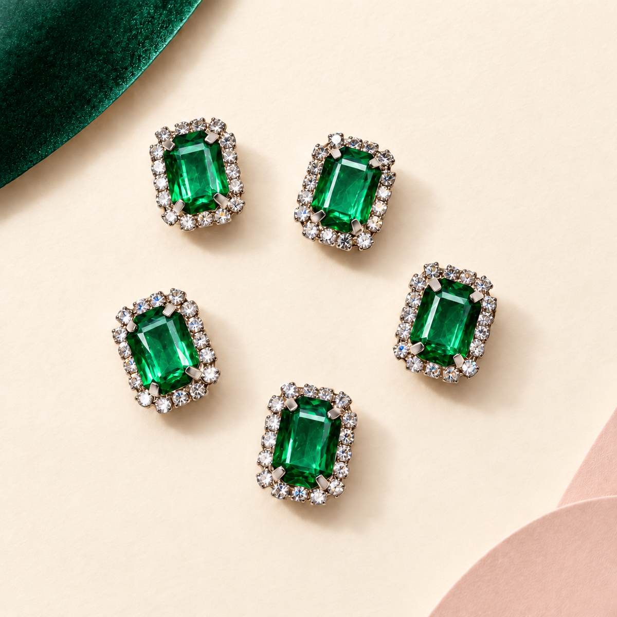 Green rhinestone dog collar charms set with 5 sparkling gemstone snap-on charms for pet collars