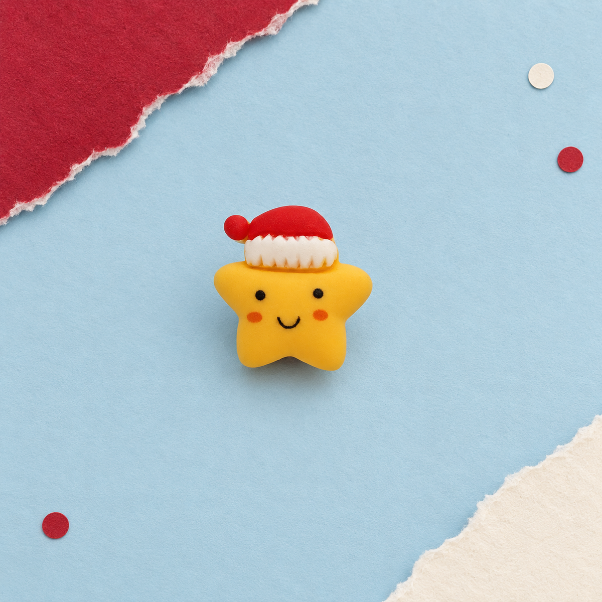 Smiling yellow star dog collar charm wearing a red Santa hat for a playful Christmas dog collar look