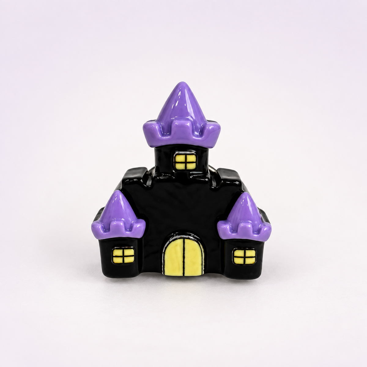Black haunted house dog collar charm with purple witch hats and yellow windows for Halloween