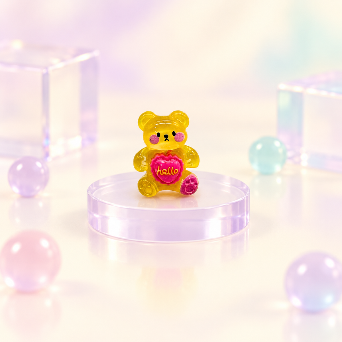 Heart Teddy dog collar charm featuring a yellow bear holding a pink heart with colorful details