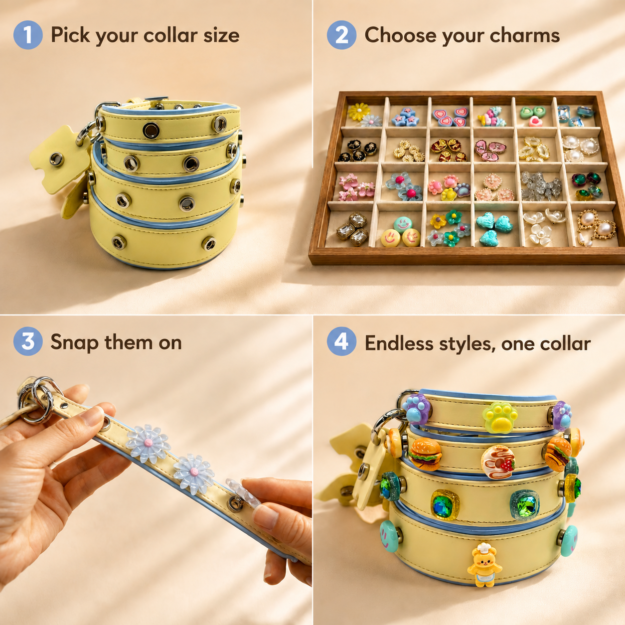 Step-by-step guide showing how to use PETIRIA interchangeable dog collar system by choosing a collar, adding snap-on charms, and creating different styles.