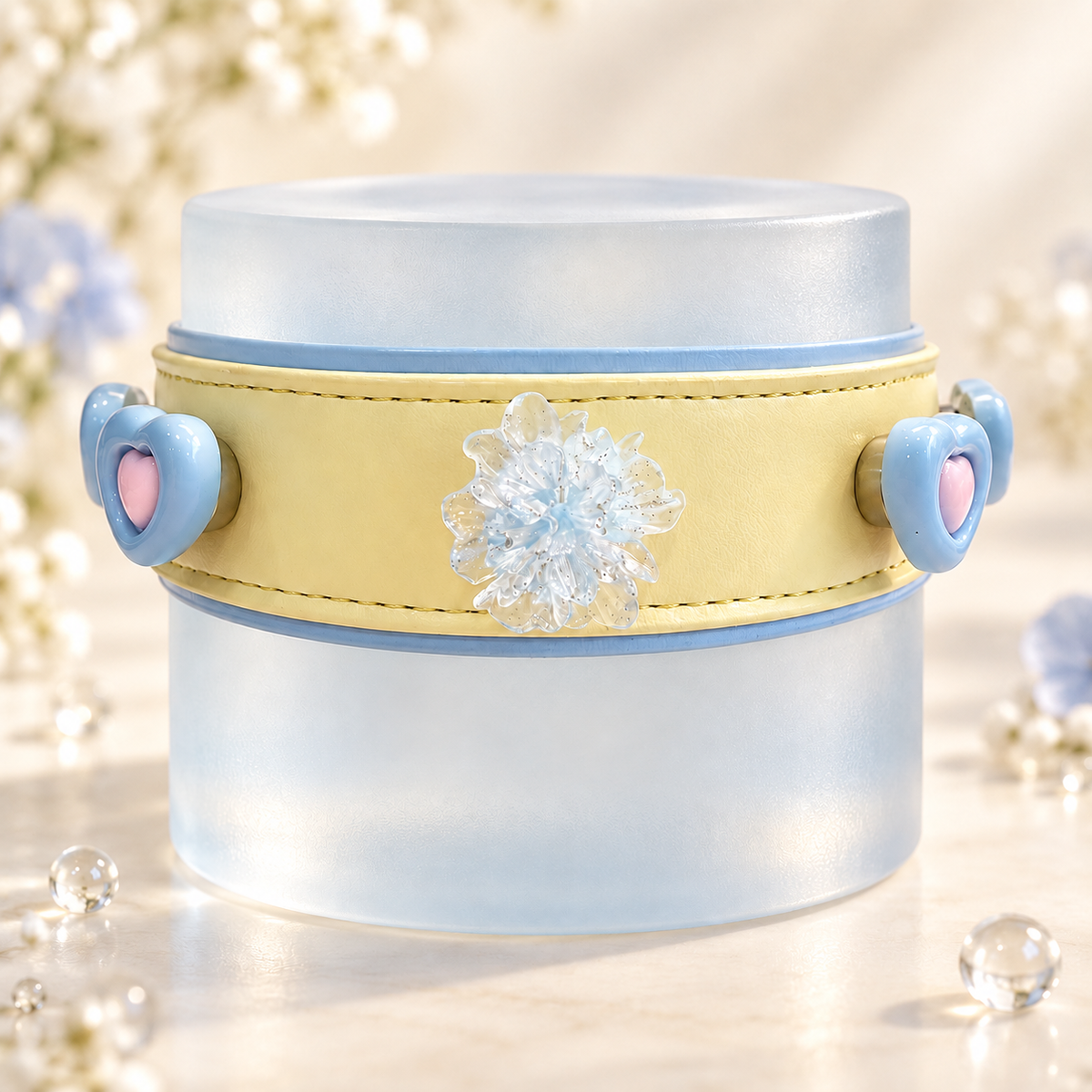 Yellow PETIRIA collar styled with an Ice Blue Crystal Blossom dog collar charm with translucent layered petals