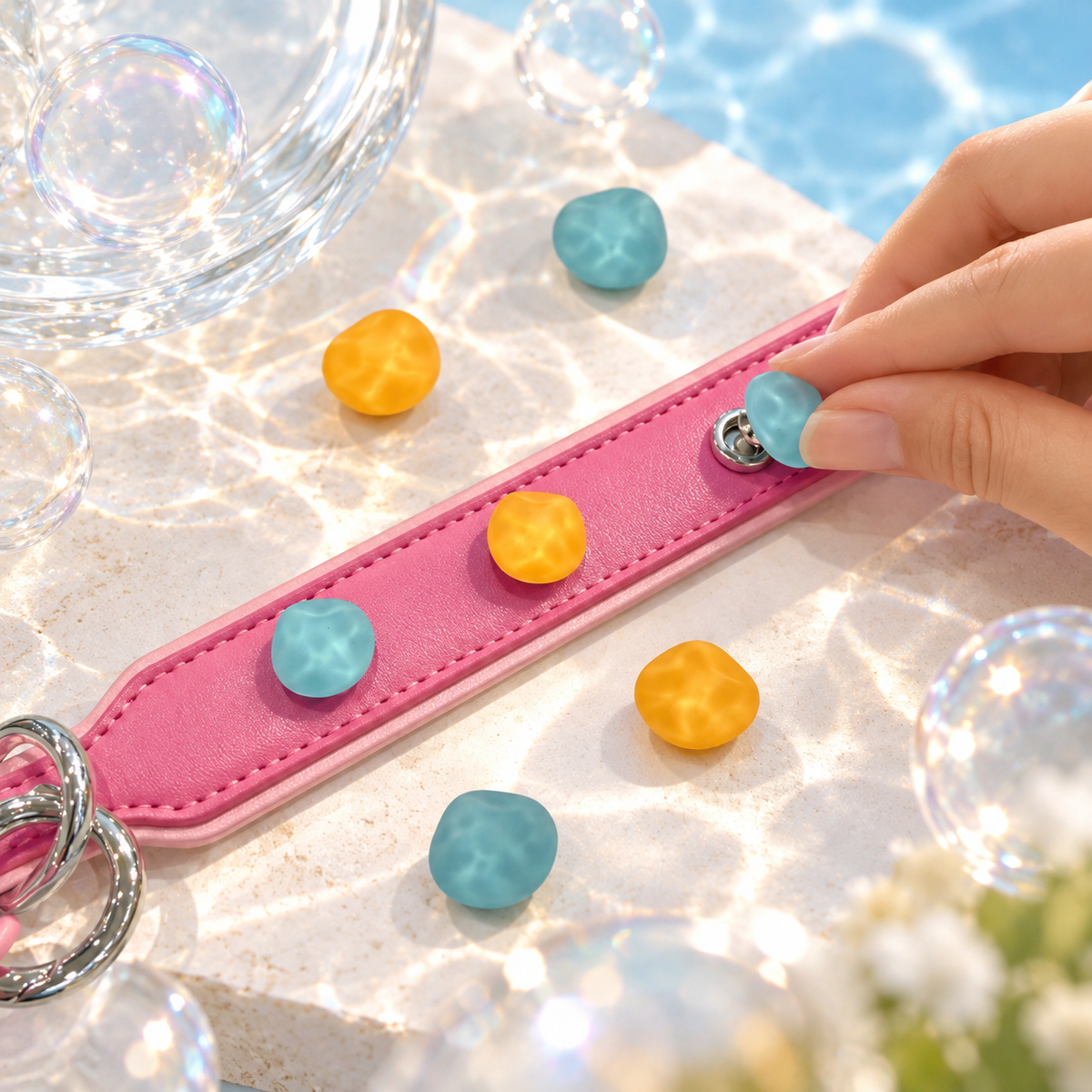 Hand attaching an interchangeable blue Color Pop dog collar charm to a pink PETIRIA collar