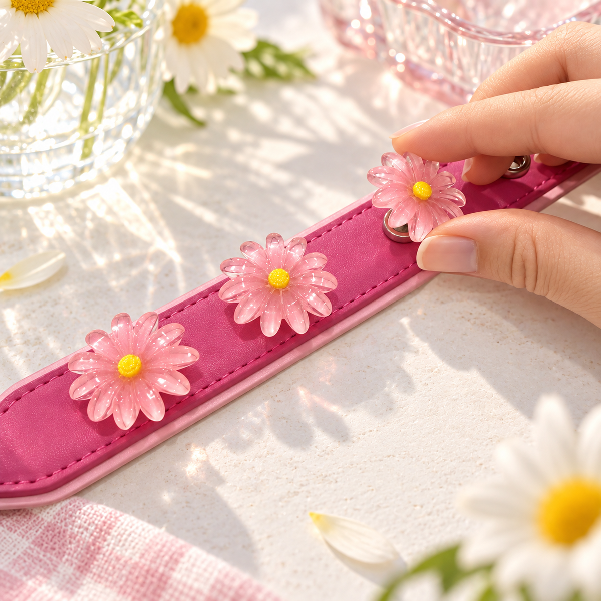 Hand attaching a pink interchangeable daisy dog collar charm to a PETIRIA collar
