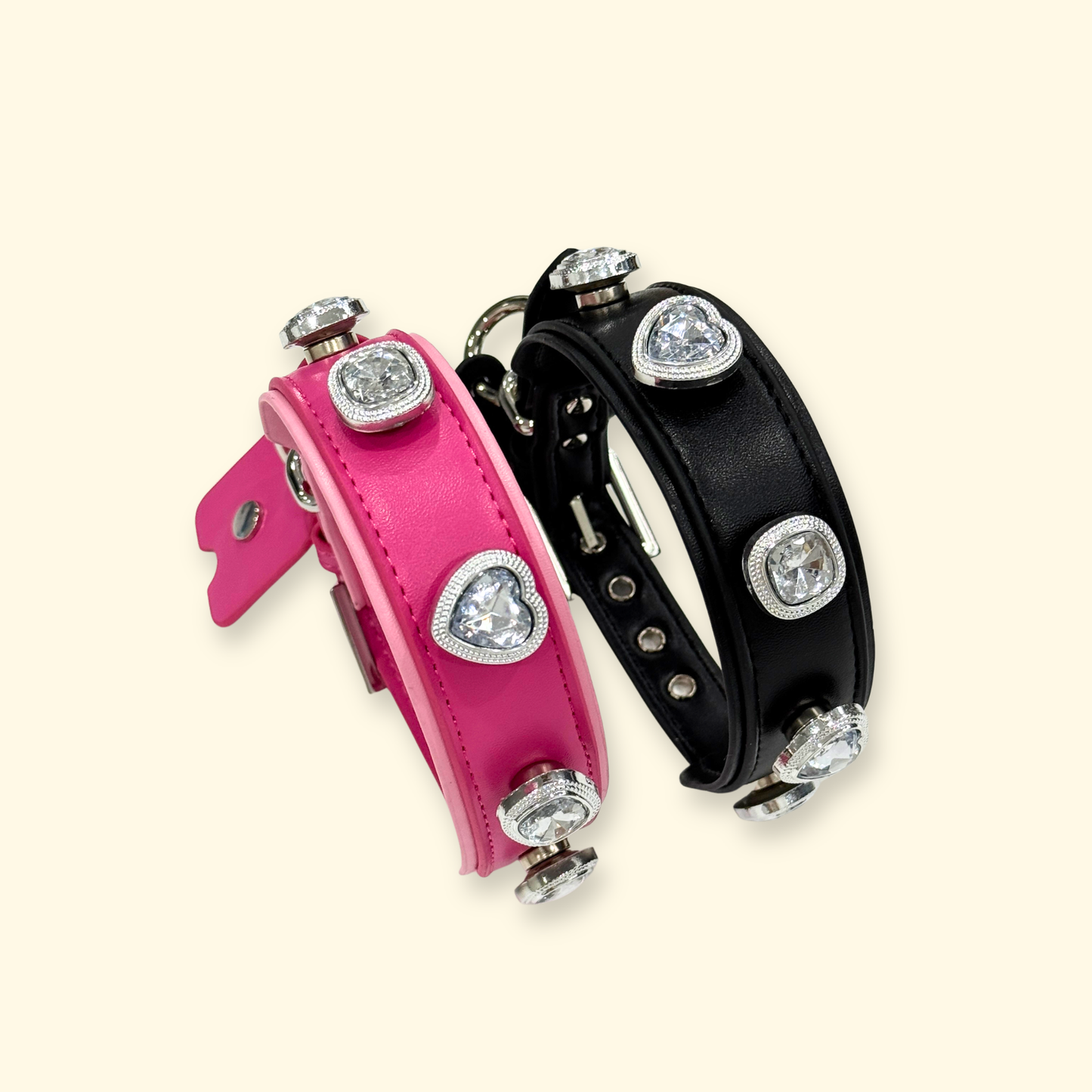 Pink and black gemstone dog collars with interchangeable crystal charm design for pet styling