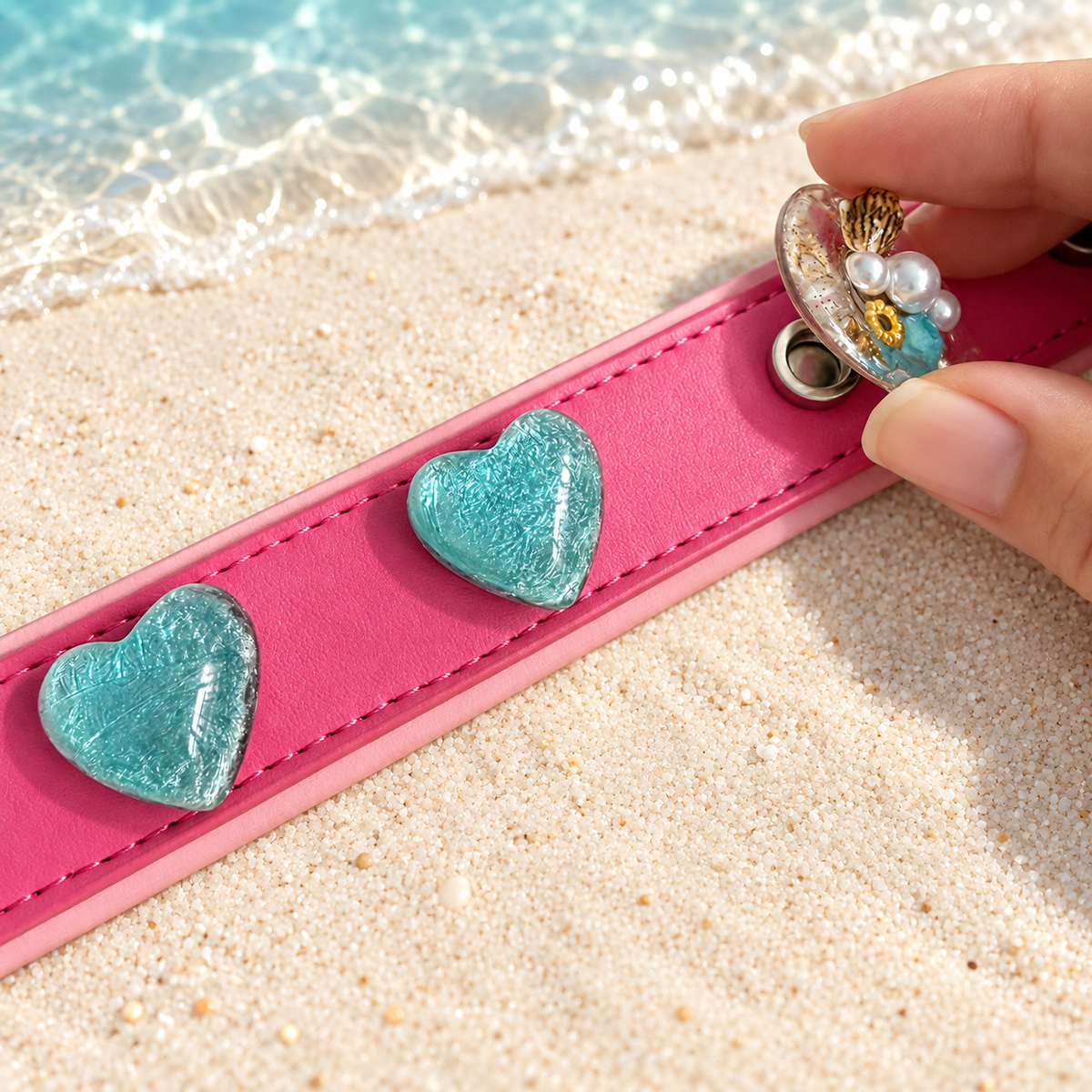 Hand attaching an interchangeable ocean-inspired dog collar charm to a pink PETIRIA collar with turquoise heart charms