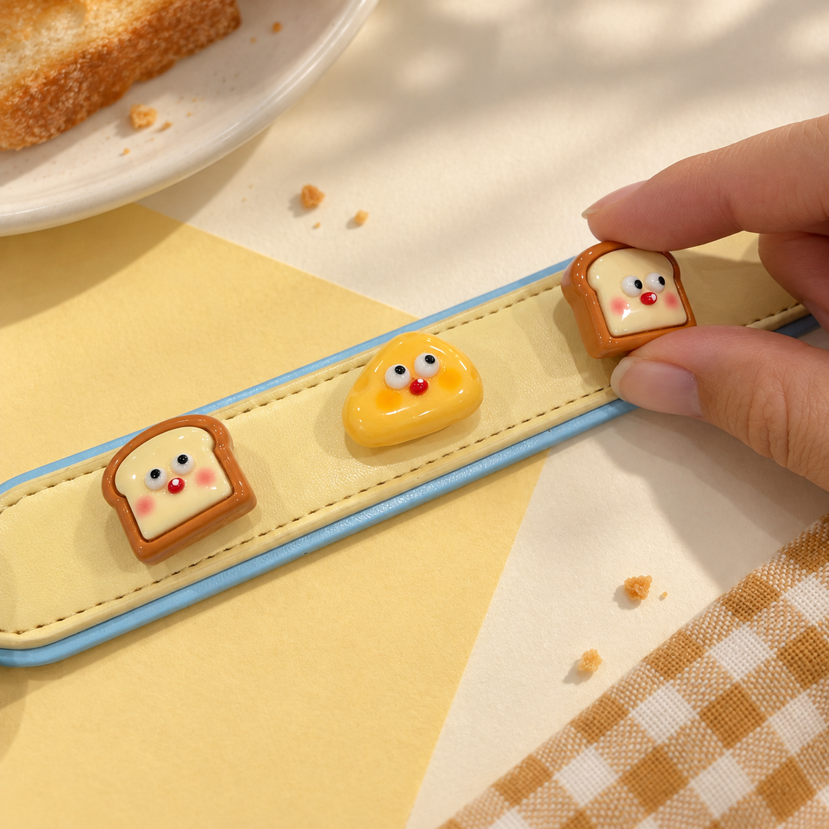 Hand attaching an interchangeable Happy Toast dog collar charm to a yellow PETIRIA collar