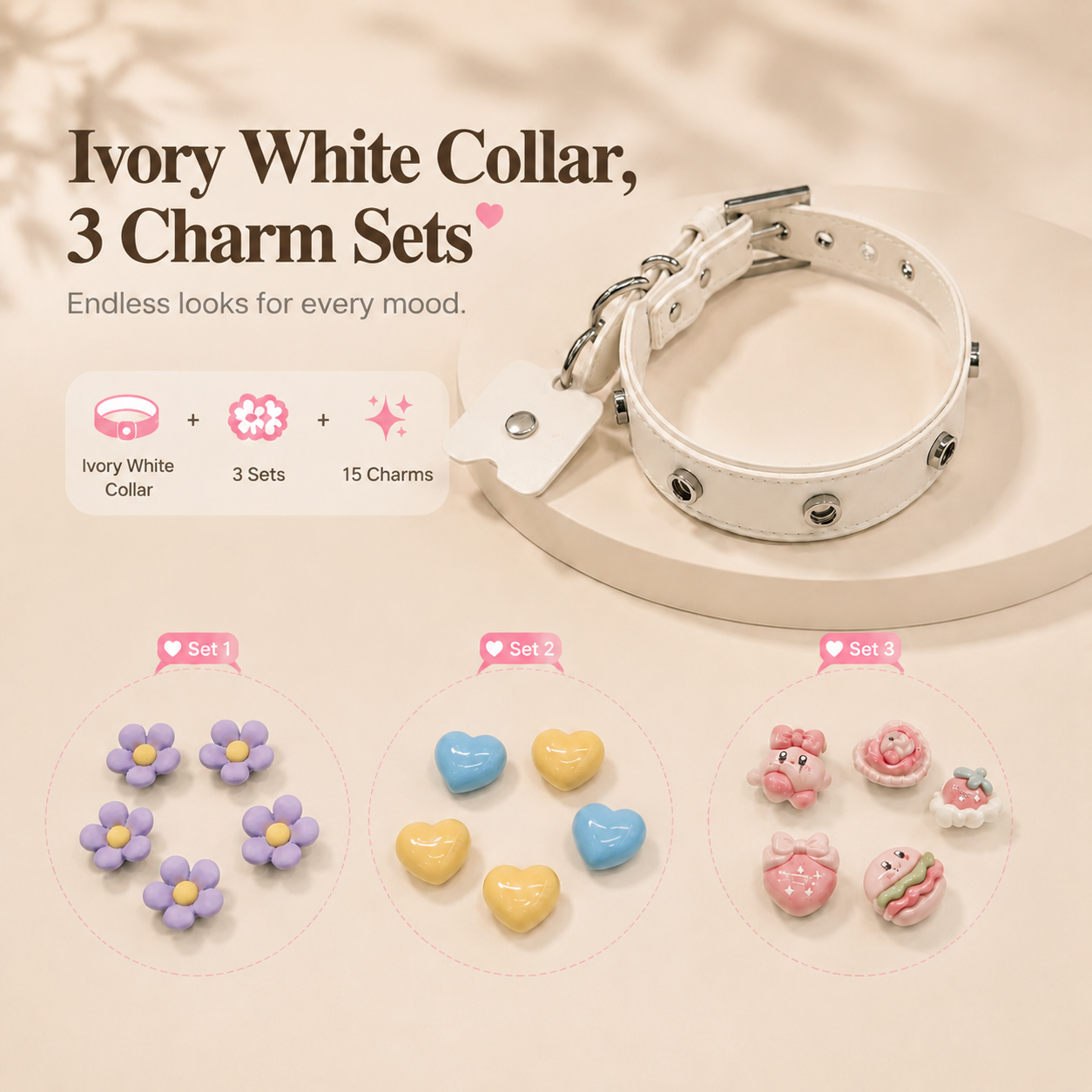Ivory white personalized dog collar with three charm collections designed for creating unique everyday dog looks