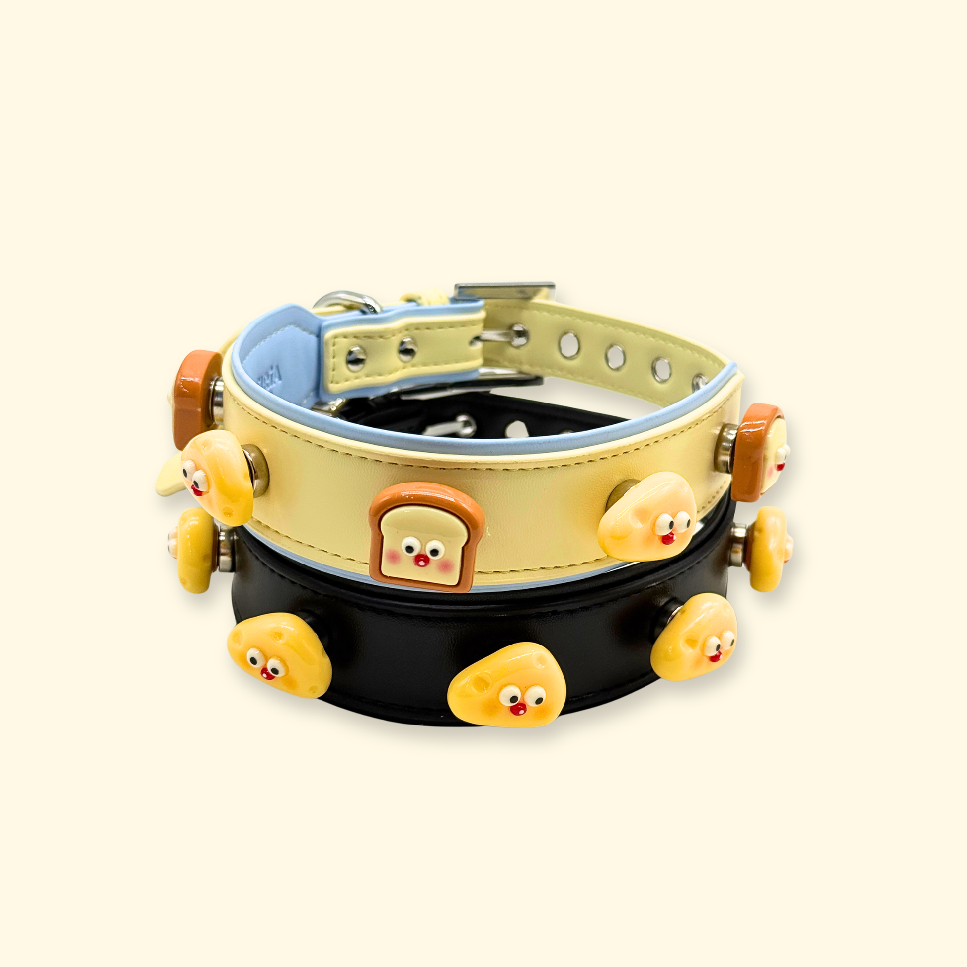Cute kawaii dog collar charms set displayed on black and pastel yellow adjustable PU leather collars, snap-on interchangeable pet accessories for personalized dog styling and everyday wear