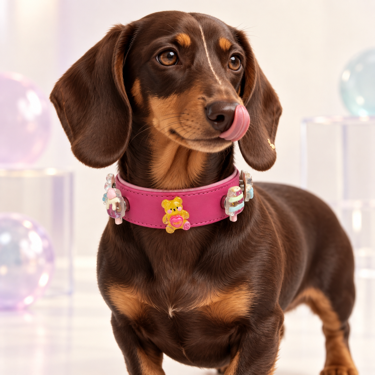Dachshund wearing a pink collar styled with colorful kawaii dog collar charms