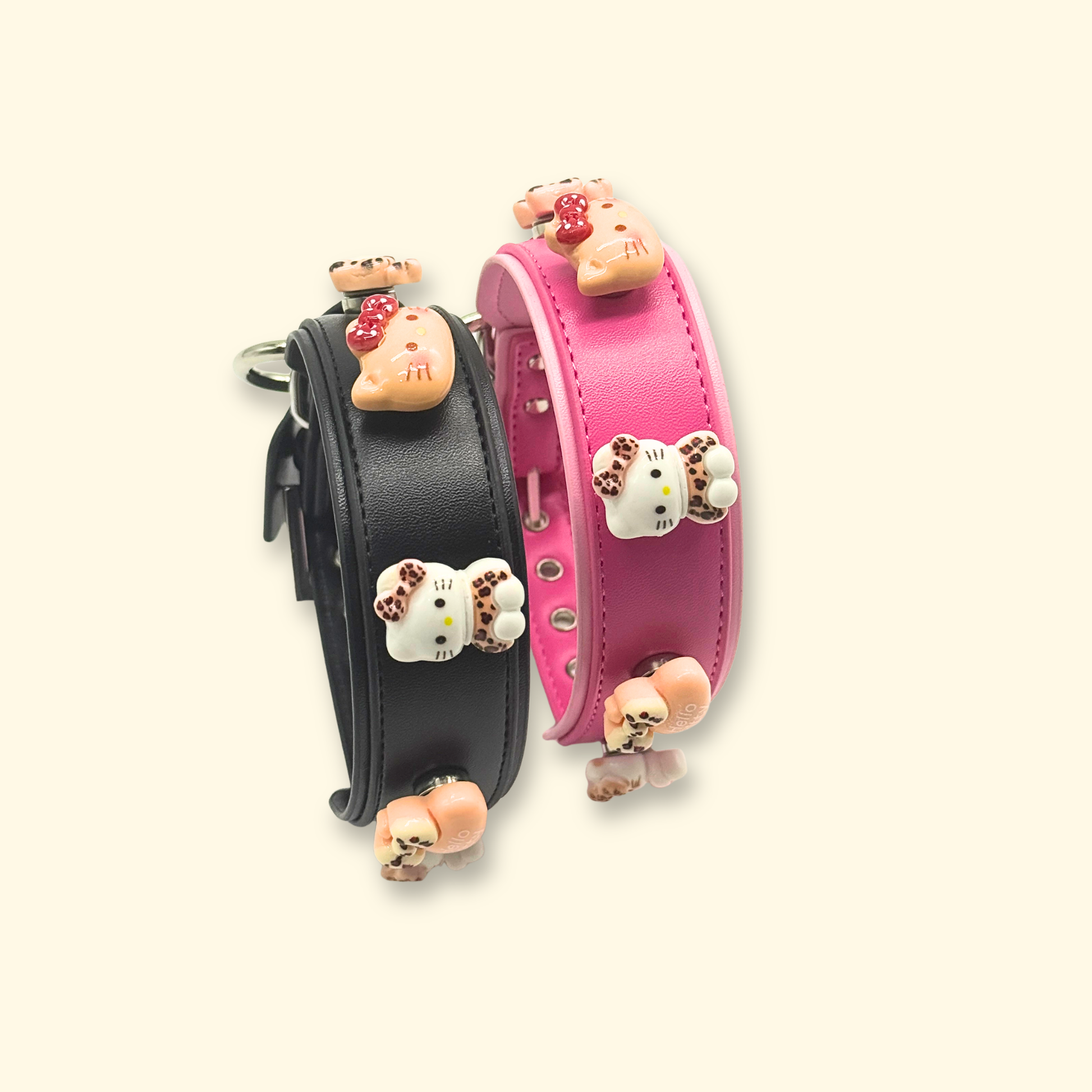 Black and pink customizable dog collars with leopard print cat and bow pet charms