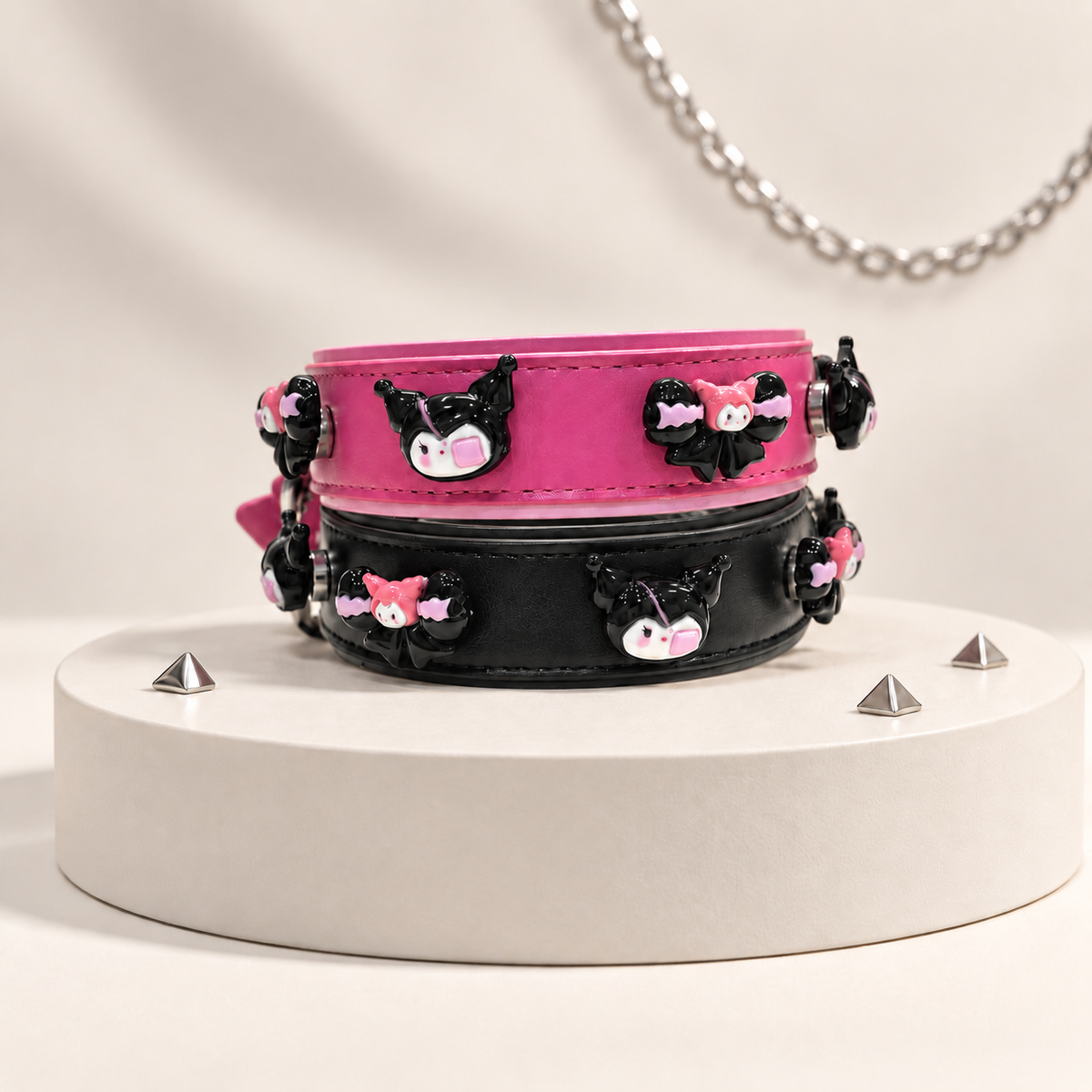 Kuromi-style dog collar charms styled on pink and black Petiria interchangeable collars