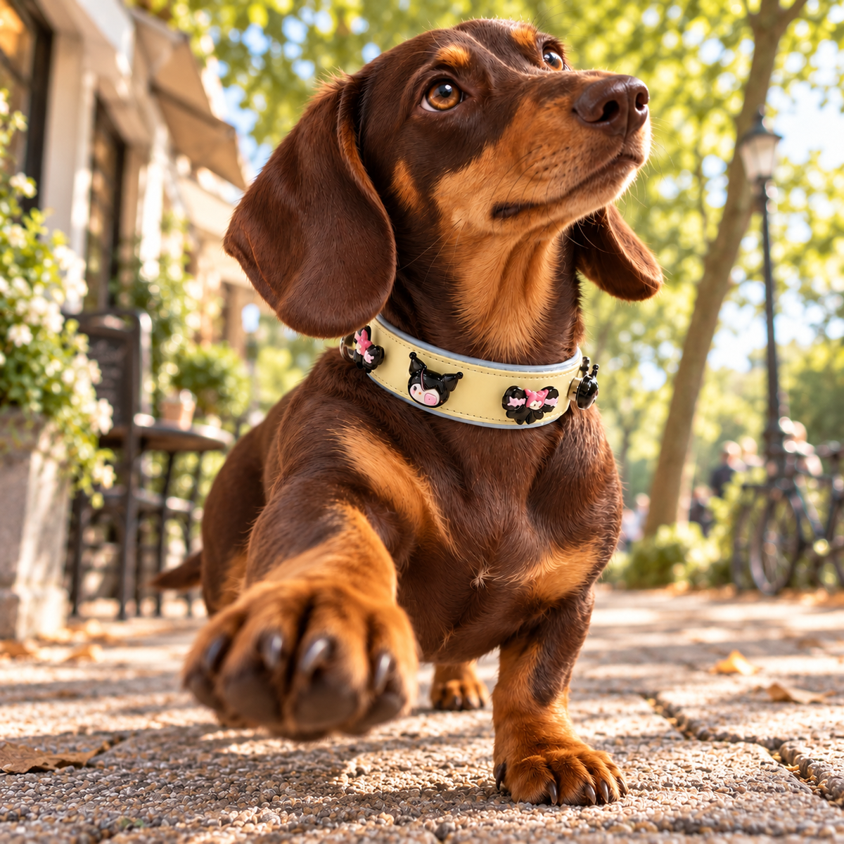 Dachshund wearing a Petiria collar styled with black and pink Kuromi-style dog collar charms