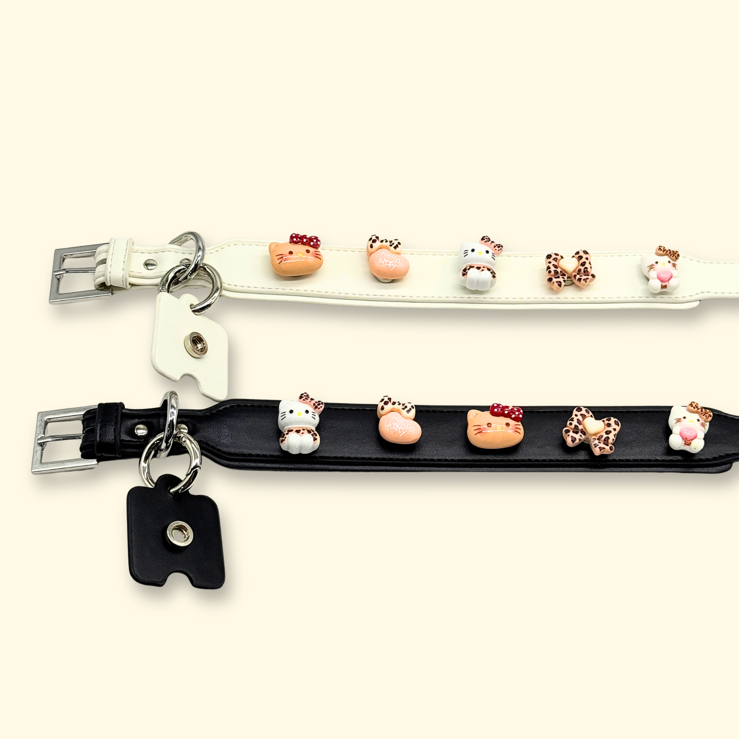 Black and white pet collars with leopard print dog collar charms, kawaii cat and bow accessories for customizable collars