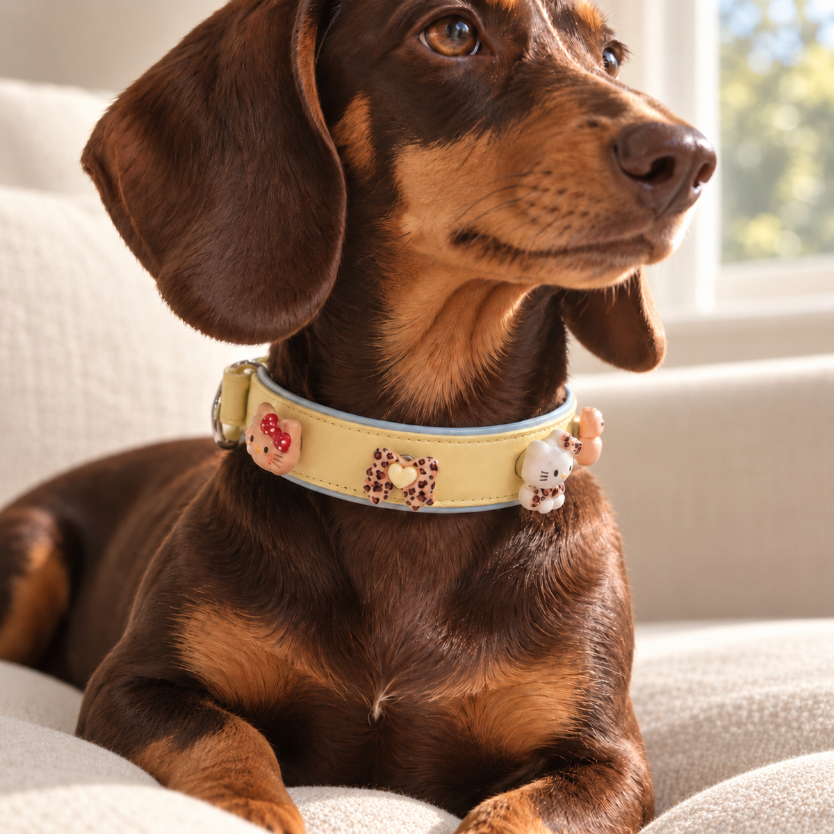 Dachshund wearing a yellow Petiria collar with leopard print dog collar charms