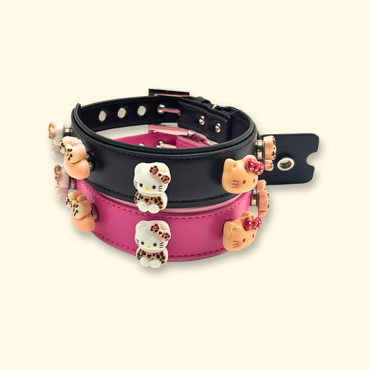 Pink and black dog collars with leopard print cat charms and kawaii pet collar accessories