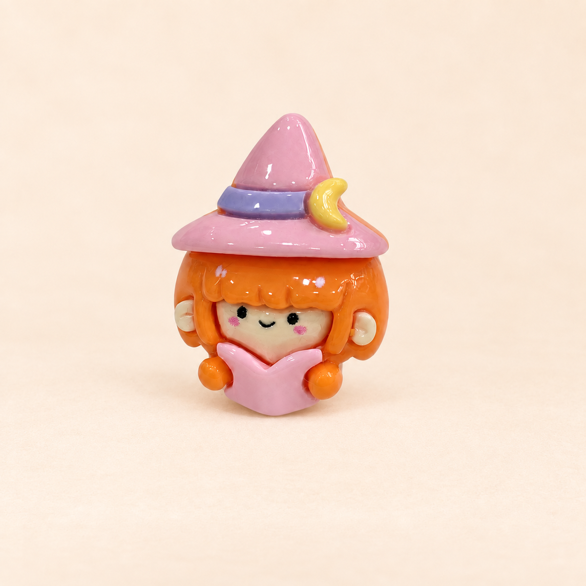 Cute little witch dog collar charm with orange hair and a purple witch hat for Halloween