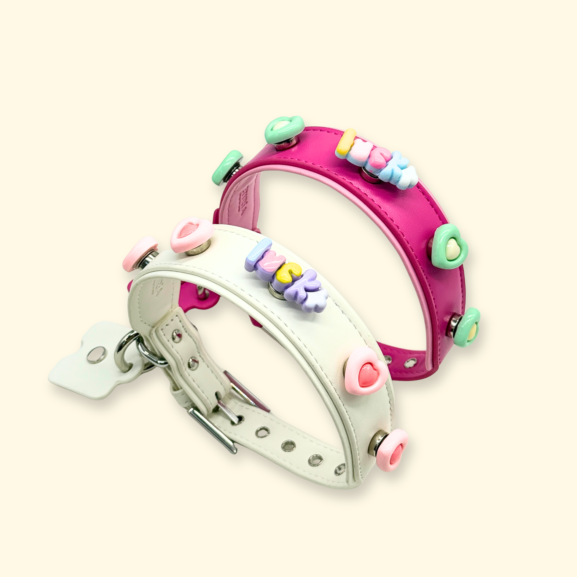 Lucky letter snap-on dog collar charm shown on pastel collars, aesthetic pet styling accessory for mix and match dog collar decoration