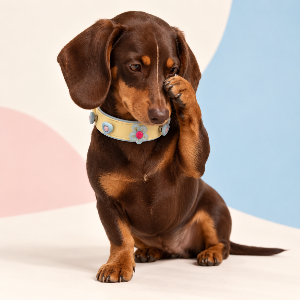 Dachshund wearing a Petiria collar styled with colorful heart and letter dog collar charms