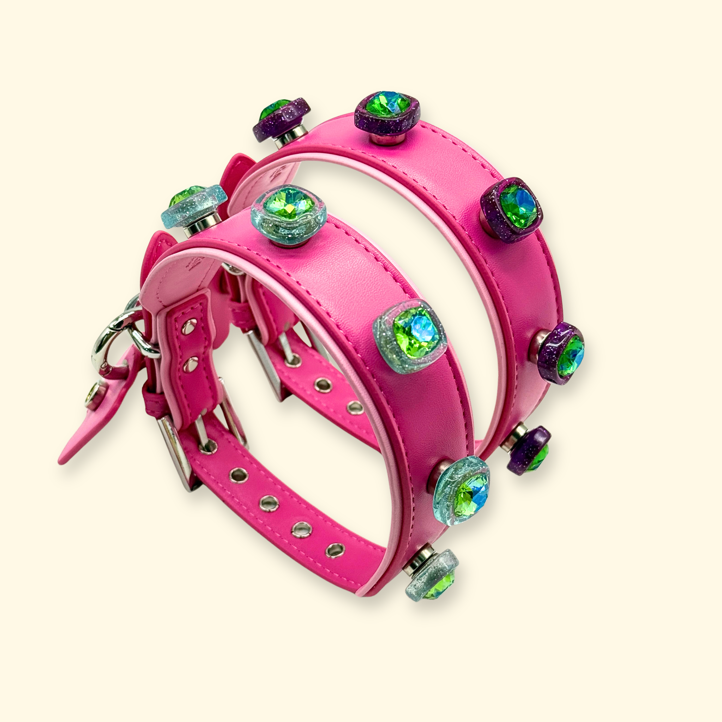 Interchangeable luxury dog collars with crystal snap-on charms displayed in angled product shot for pet styling