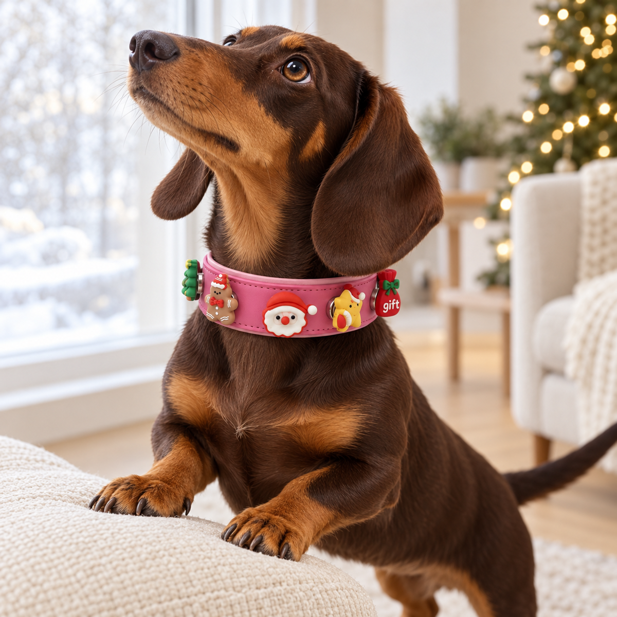 Dachshund wearing a personalized Christmas dog collar styled with Santa, tree, star and gift charms for the holiday season