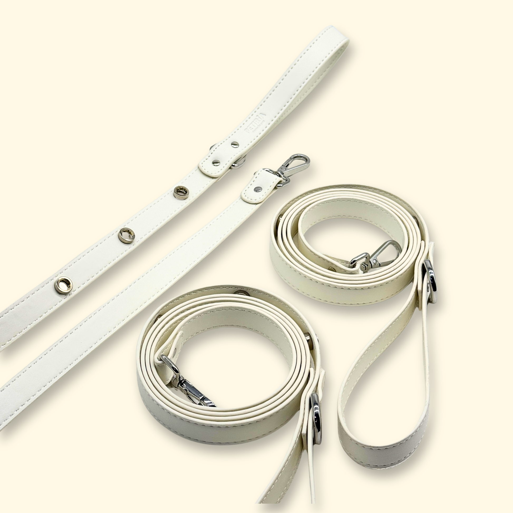 White customizable pet leashes with interchangeable charm snaps