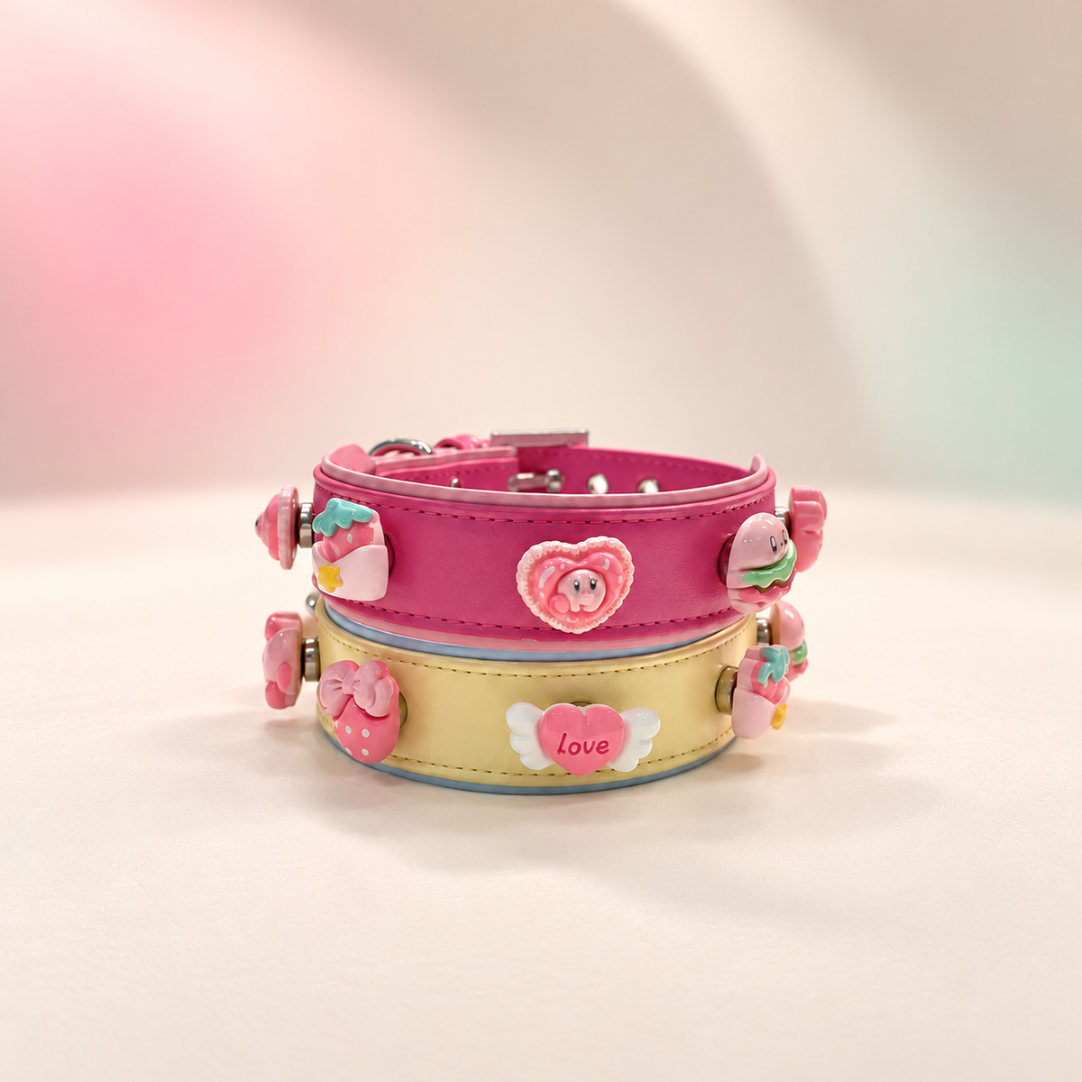 Pink and yellow Petiria dog collars styled with cute pink snap-on charms