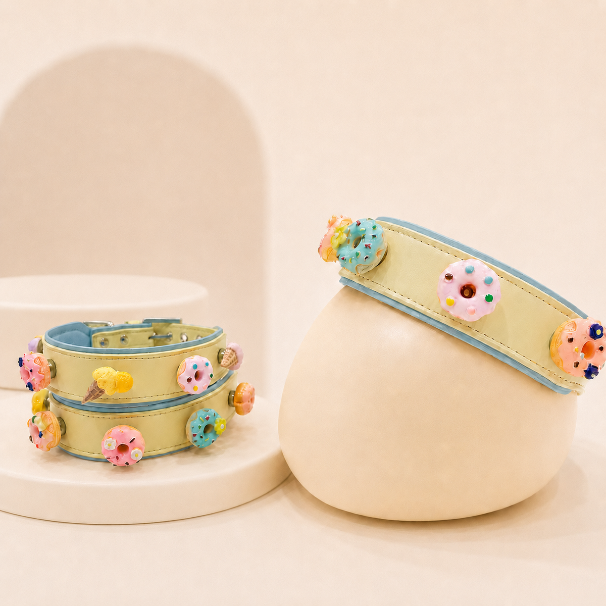 Petiria dog collars styled with colorful donut and ice cream charms