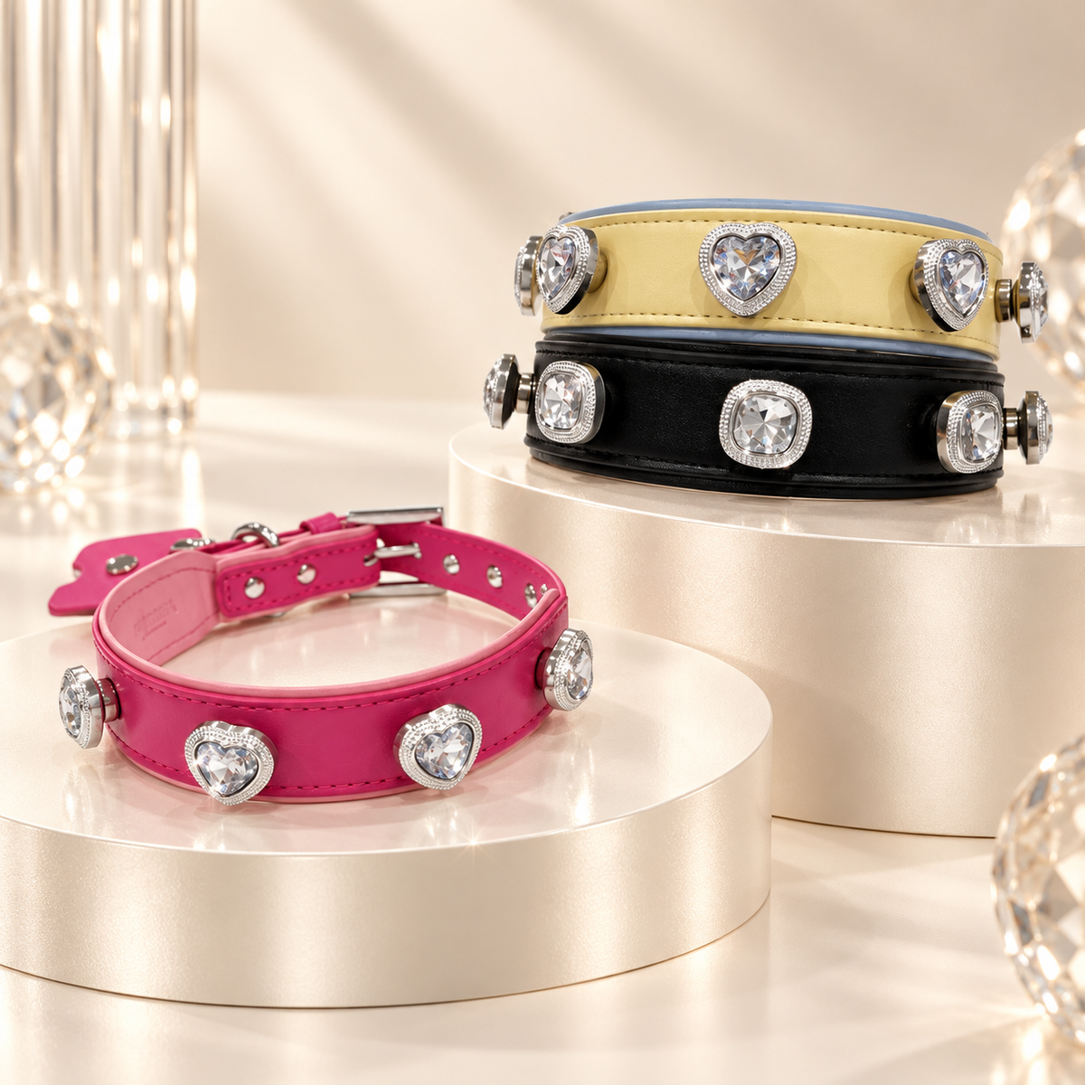 Heart and square gemstone charms styled on pink, black and yellow Petiria dog collars
