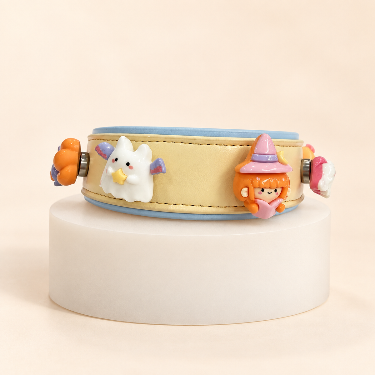 Petiria interchangeable collar styled with cute ghost, pumpkin and witch Halloween dog collar charms