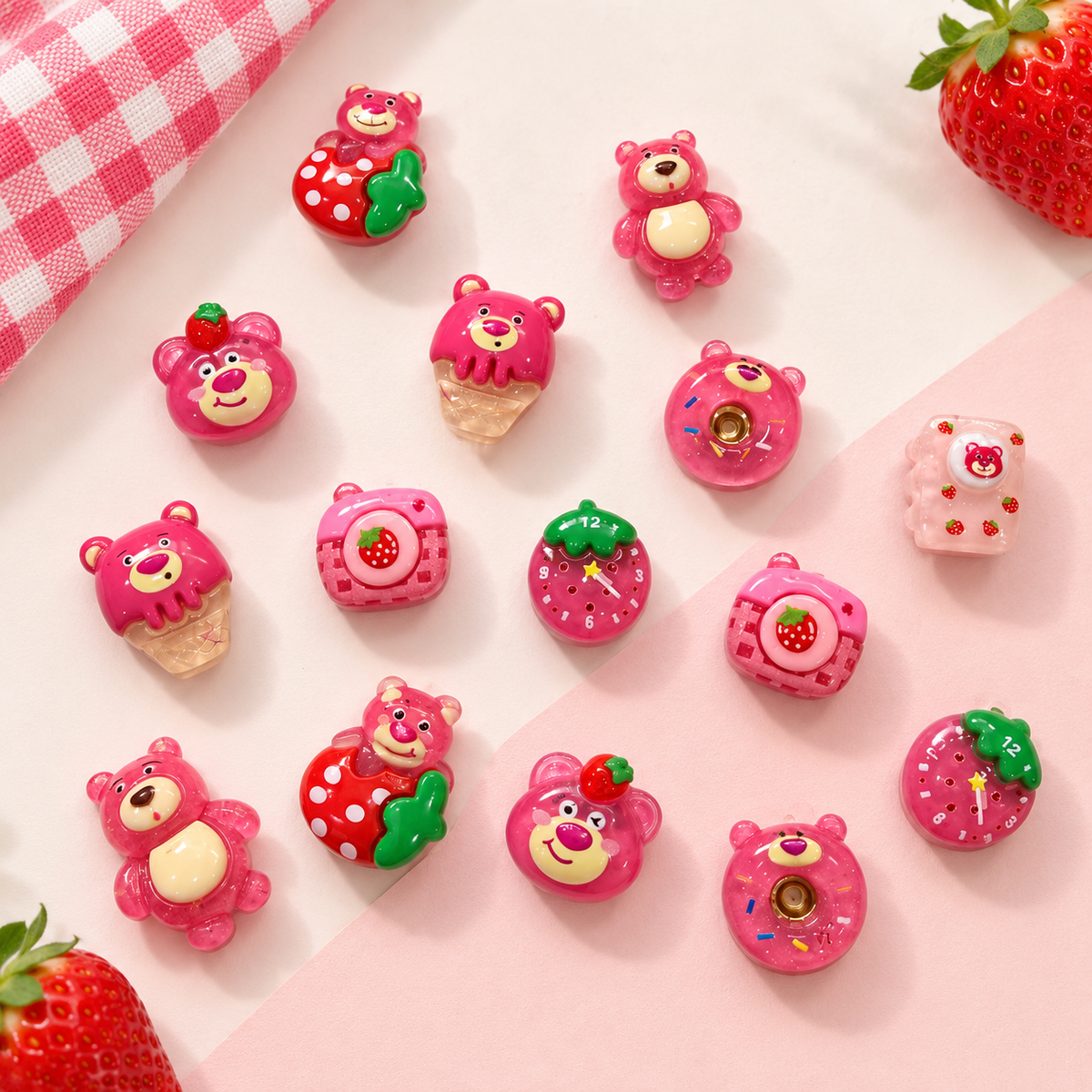 Strawberry bear dog collar charms featuring pink bears, strawberries and dessert-inspired designs