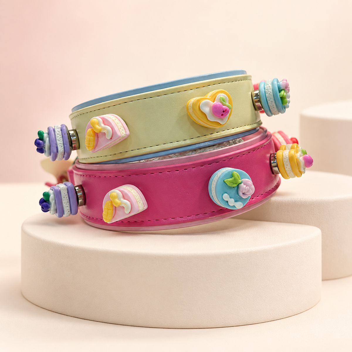 Colorful sweet treat dog collar charms styled on Petiria interchangeable dog collars