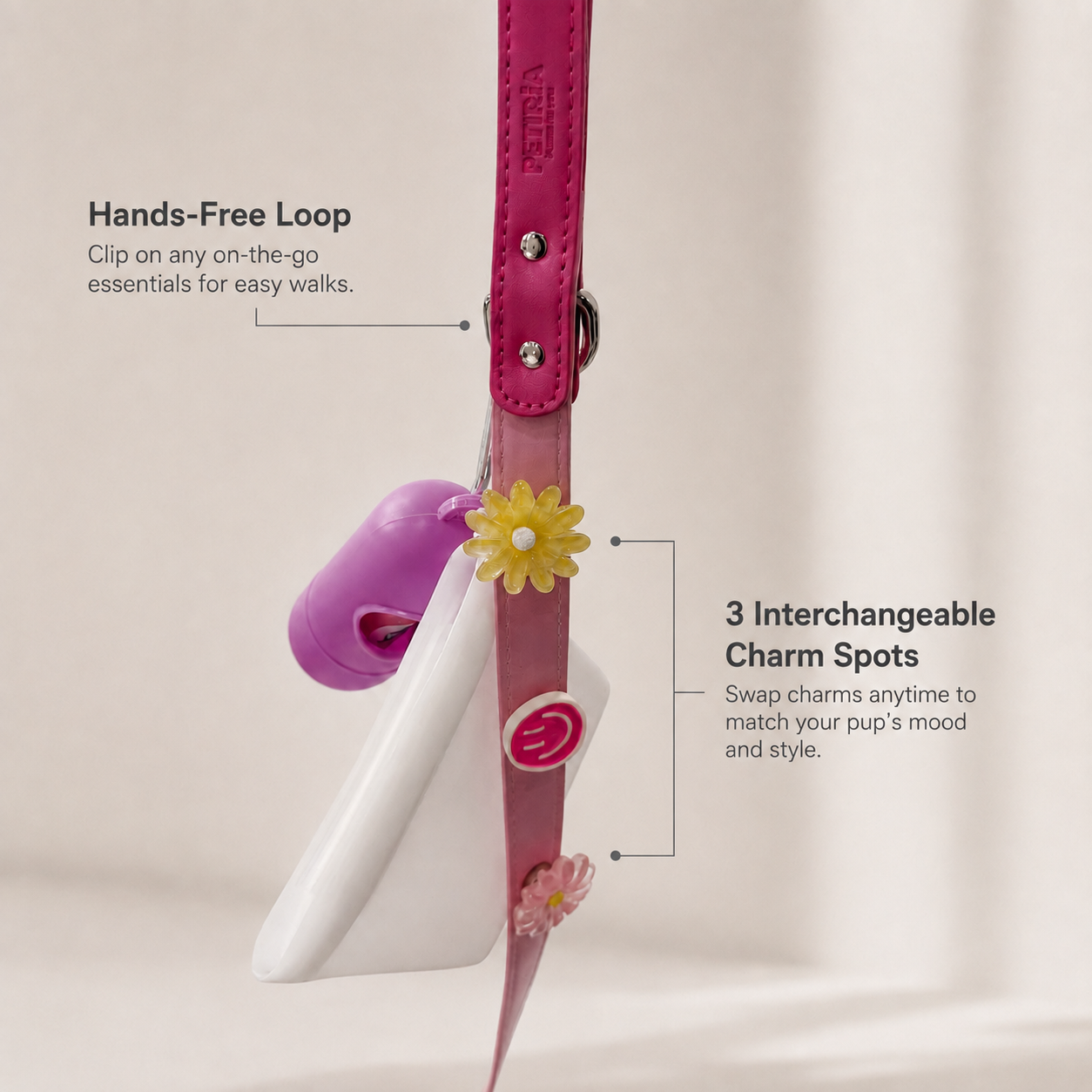 Petiria dog leash featuring hands-free loop, accessory attachment ring and three interchangeable charm spots for customizable pet style