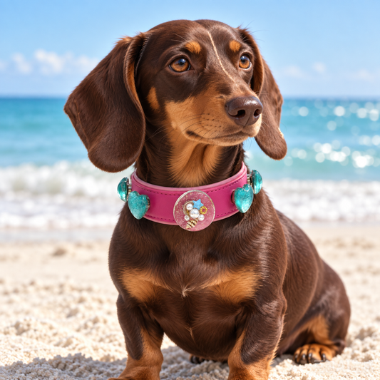 Dachshund wearing a pink collar styled with turquoise Ocean dog collar charms at the beach