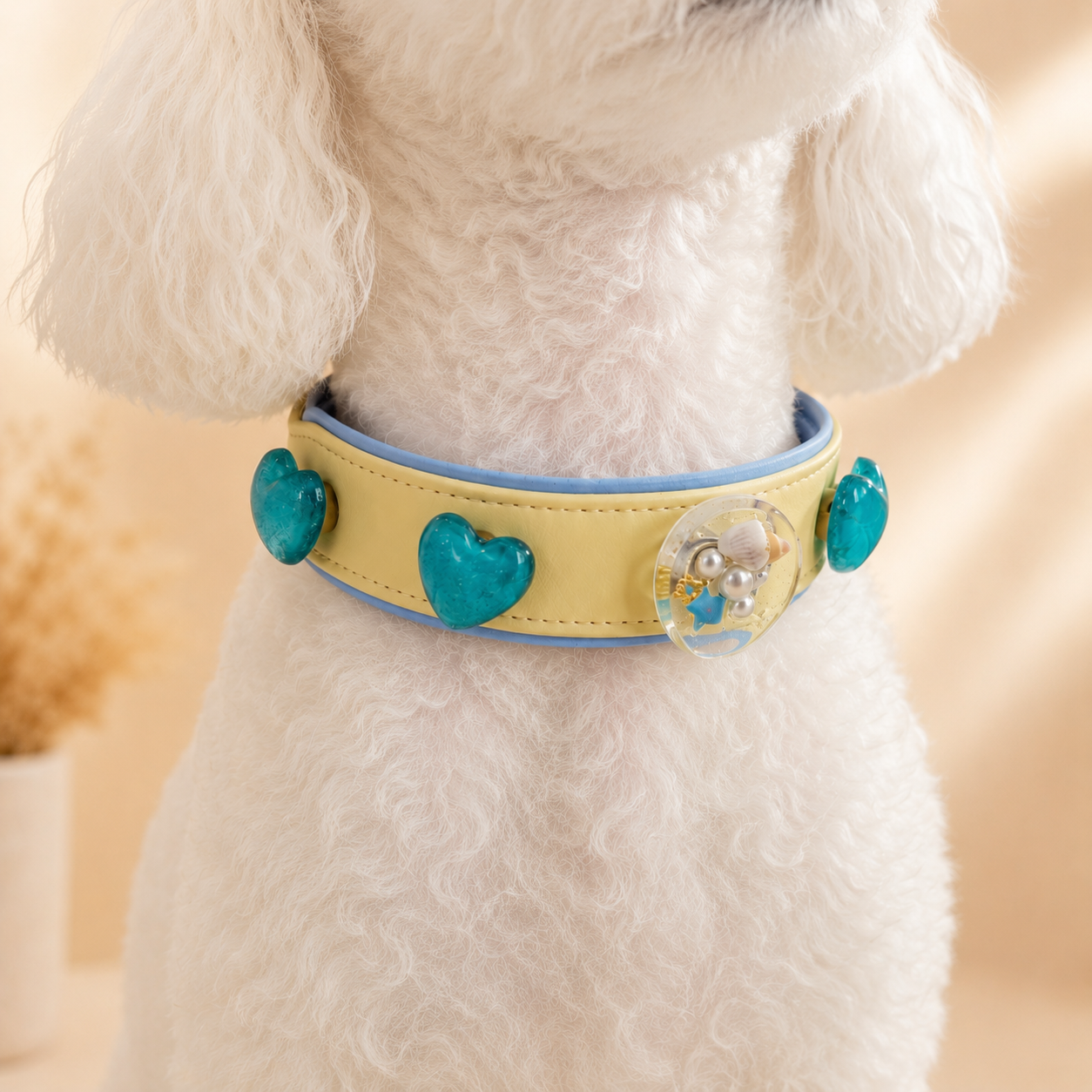 Blue ocean heart snap-on dog collar charm worn on Maltese dog, aesthetic summer pet collar accessory for daily styling