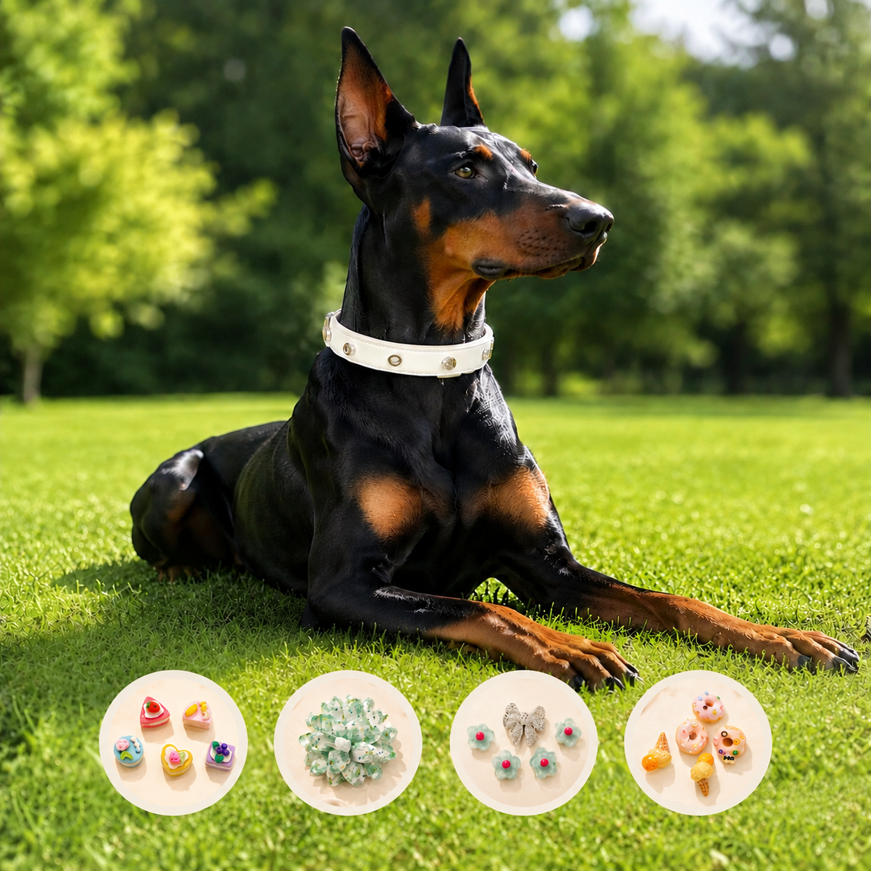 Doberman wearing a PETIRIA interchangeable dog collar with charm accessories during an outdoor walk.