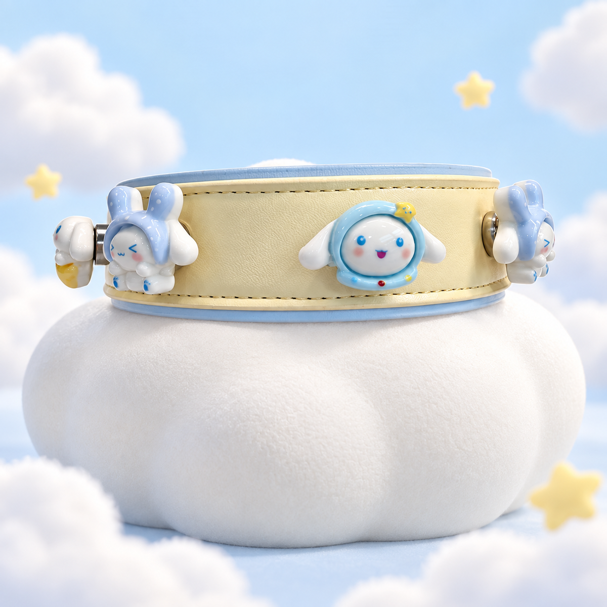 Pastel bunny dog collar charms in blue and white styled on a yellow PETIRIA collar